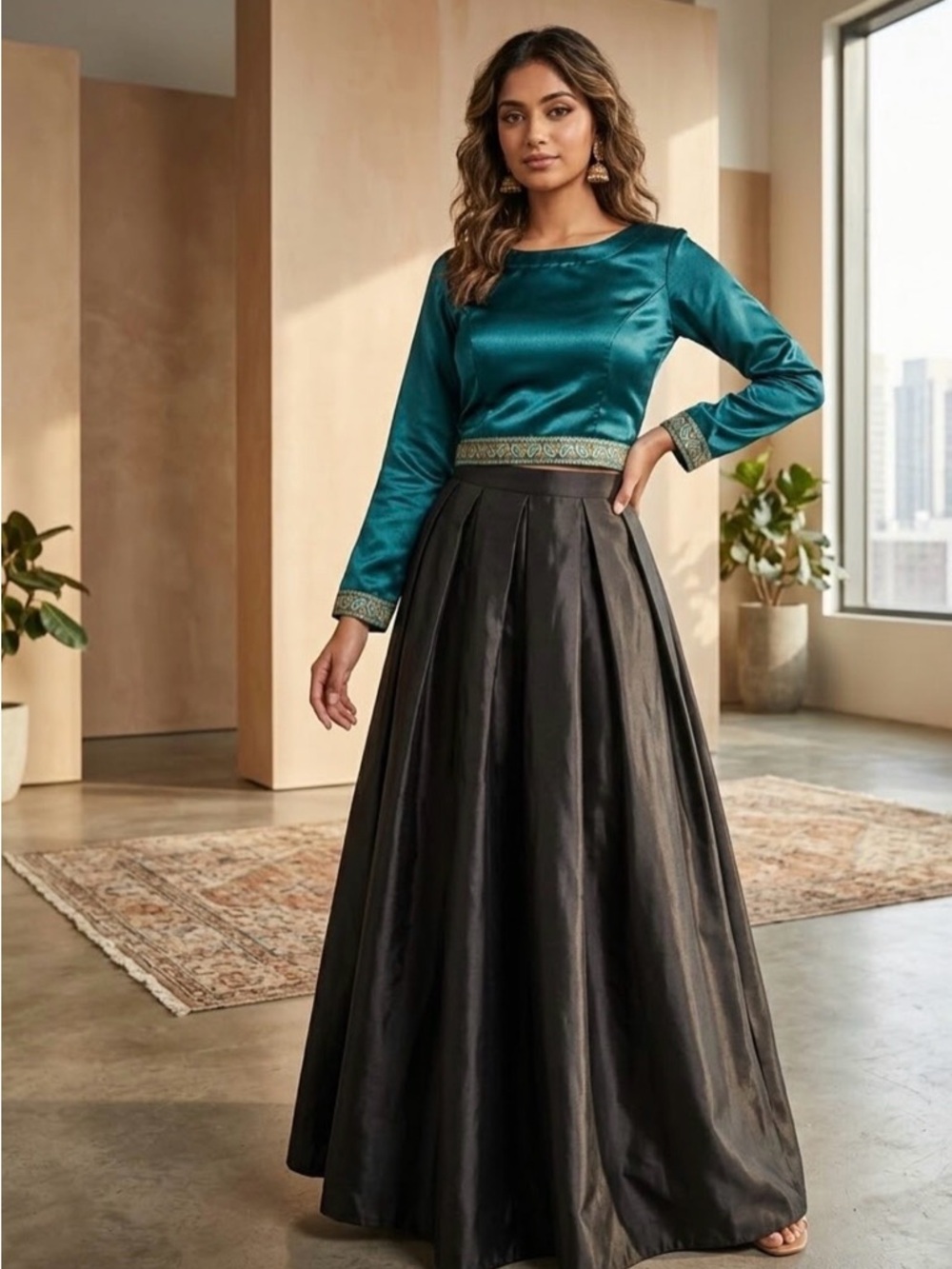 Teal Satin Bodice with Black Full-Length Skirt - Women's Formal Skirt Ensemble